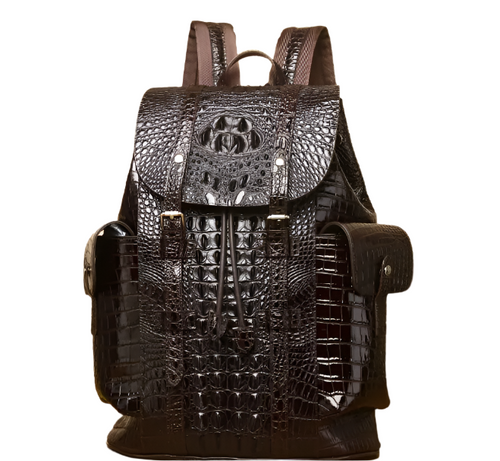 Vintage Crocodile Pattern Leather Backpack – Handcrafted Cowhide Dual Shoulder Bag